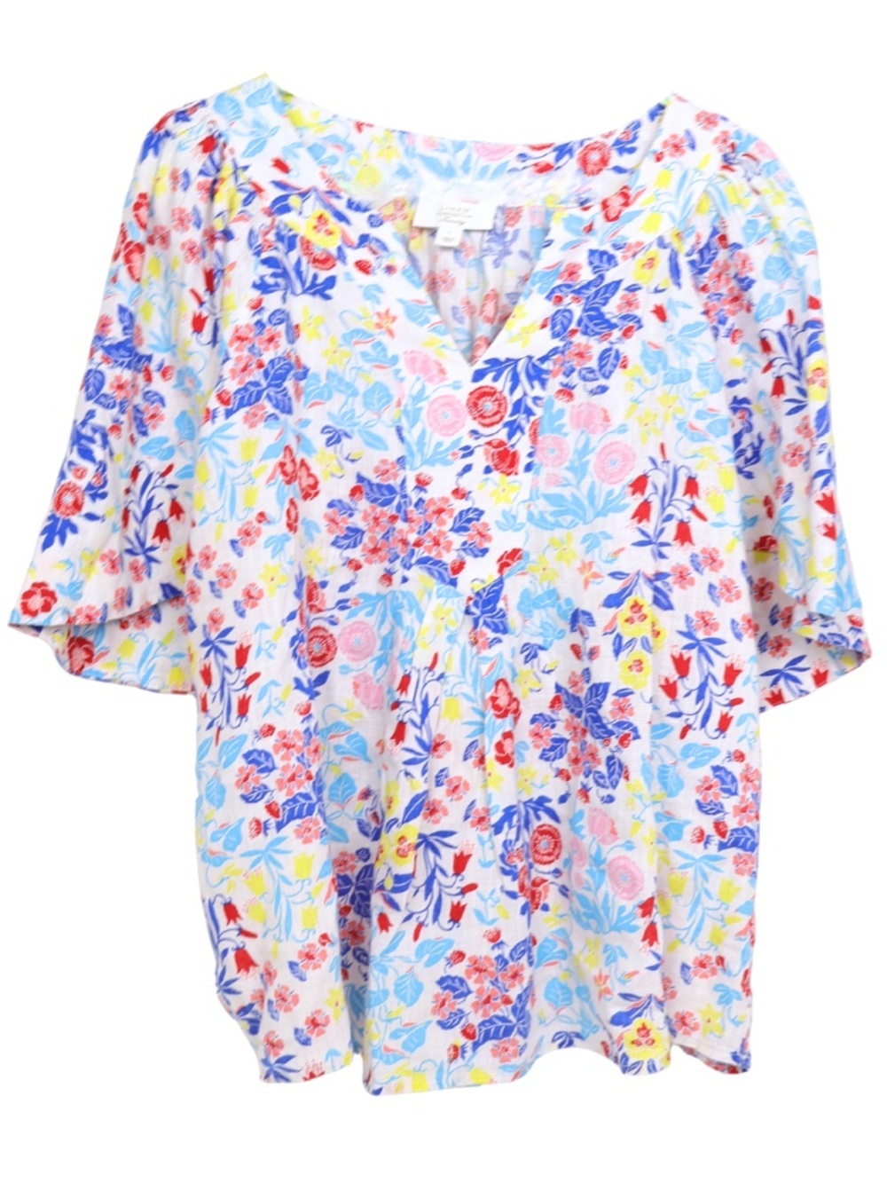 Charter Club Luxury 100% Linen Floral Blouse Large Blue Pink Flutter Sleeve